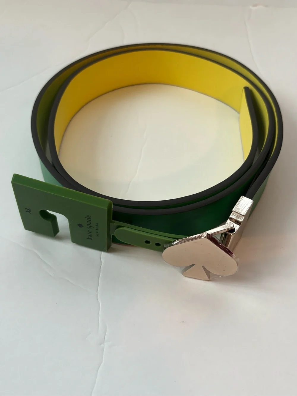Kate Spade Women Twist Reversible Leather Belt Green Yellow Spade Buckle L & XL